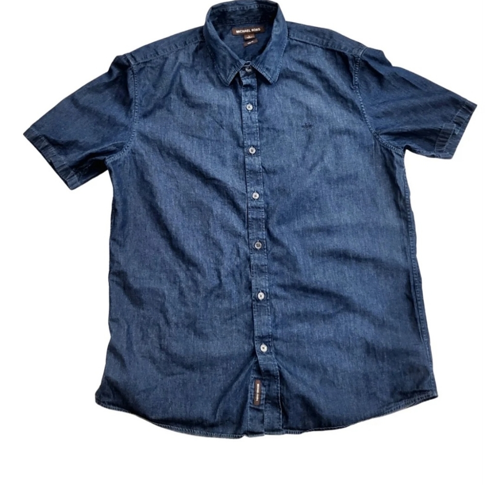 😎 MK short sleeve washed  denim  dark blue button down slim fit men's shirt